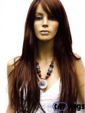 Human Hair Wig Long Length Auburn Color Lace Front With Bangs