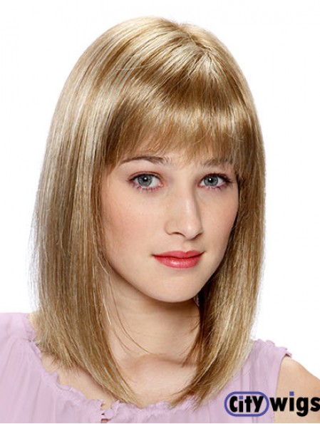 Lace Front Human Hair Wigs Blonde Color Shoulder Length With Bangs