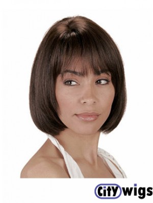 Human Hair Wig Bobs Chin Length Wig With Bangs Natural