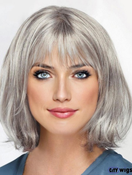 Straight Chin Length 12 inch Monofilament Sassy Grey Wigs