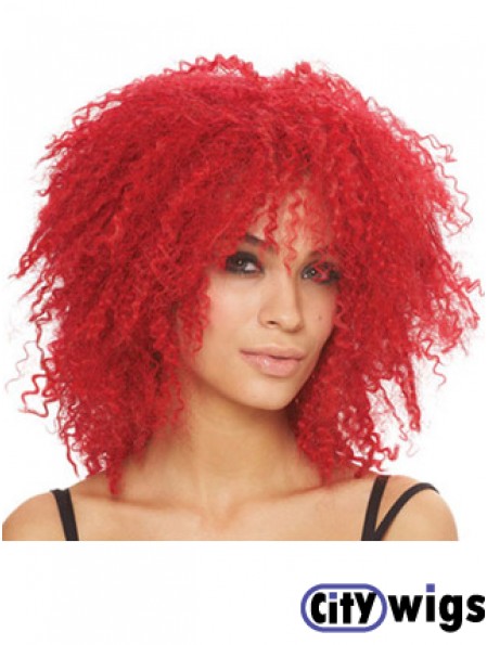 Kinky With Bangs Shoulder Length Red Style Lace Front Wigs