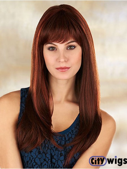 Comfortable Auburn Straight With Bangs Long Wigs