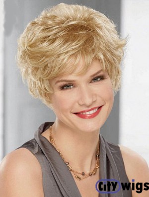 Cheap Synthetic Blonde Color Layered Cut Wavy Style