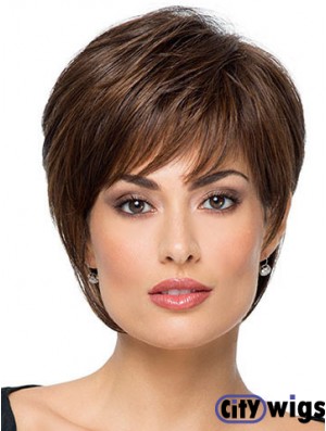 Suitable 8 inch Straight Brown With Bangs Short Wigs