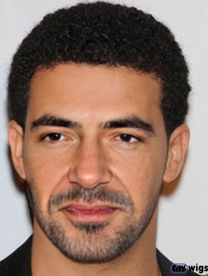 100% Hand Tied 4 inch Curly Short Black Mens Wig