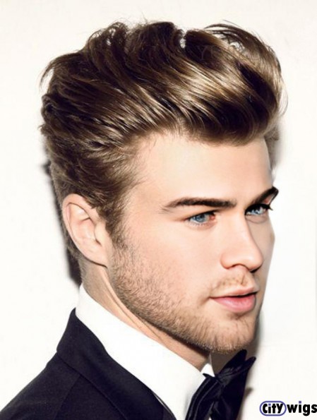 Brown Straight Cropped Remy Human Monofilam Men Hair Wigs