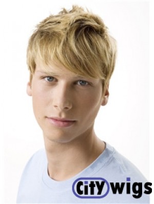 Remy Human 100% Hand Tied Short Wavy Blonde Wigs For Men