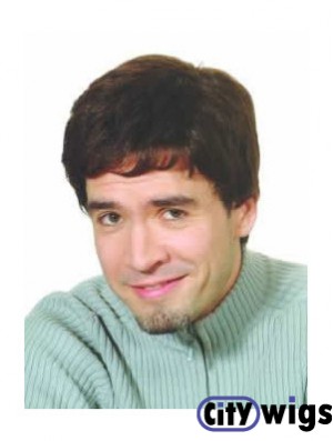 Capless Brown Synthetic Short Straight Natural Mans Wigs