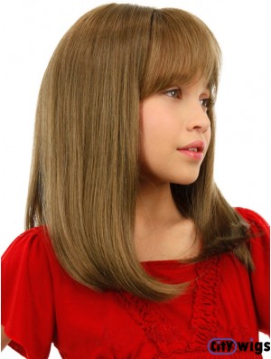 Straight Shoulder Length Blonde Remy Human Hair Lace Front Kids Wigs