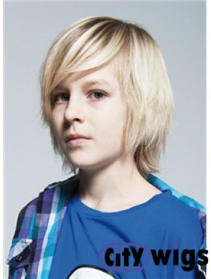 Straight Chin Length Blonde Remy Human Hair Capless Kids Wigs