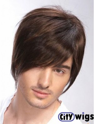 100% Hand Tied Brown Remy Human Short Straight Wigs Man