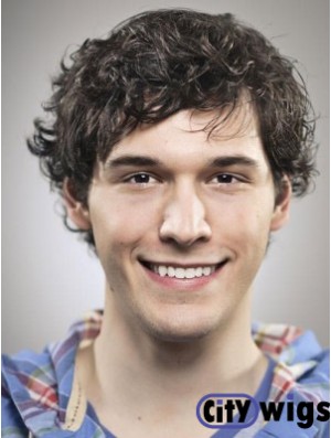 Capless Layered Curly Synthetic Short Black Wigs For Bald Men