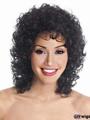 Shoulder Length Black Curly Layered Sleek African American Wigs